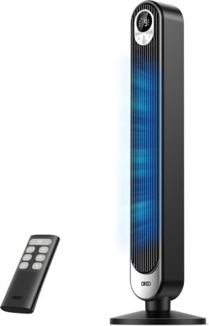 DREO Tower Fan for Bedroom, 28 ft/s, 20dB Quiet Oscillating Bladeless Fan with Remote, 9 Speeds, 4 Modes, 12H Timer, LED Display, Standing Floor Fan Powerful for Indoor Home Office Room, 42 Inch